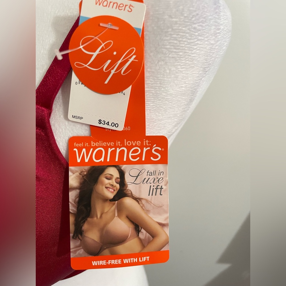 NWT WARNER’S Fall In Luxe Lift Wire-Free Bra Red Satin 38C - Picture 3 of 11